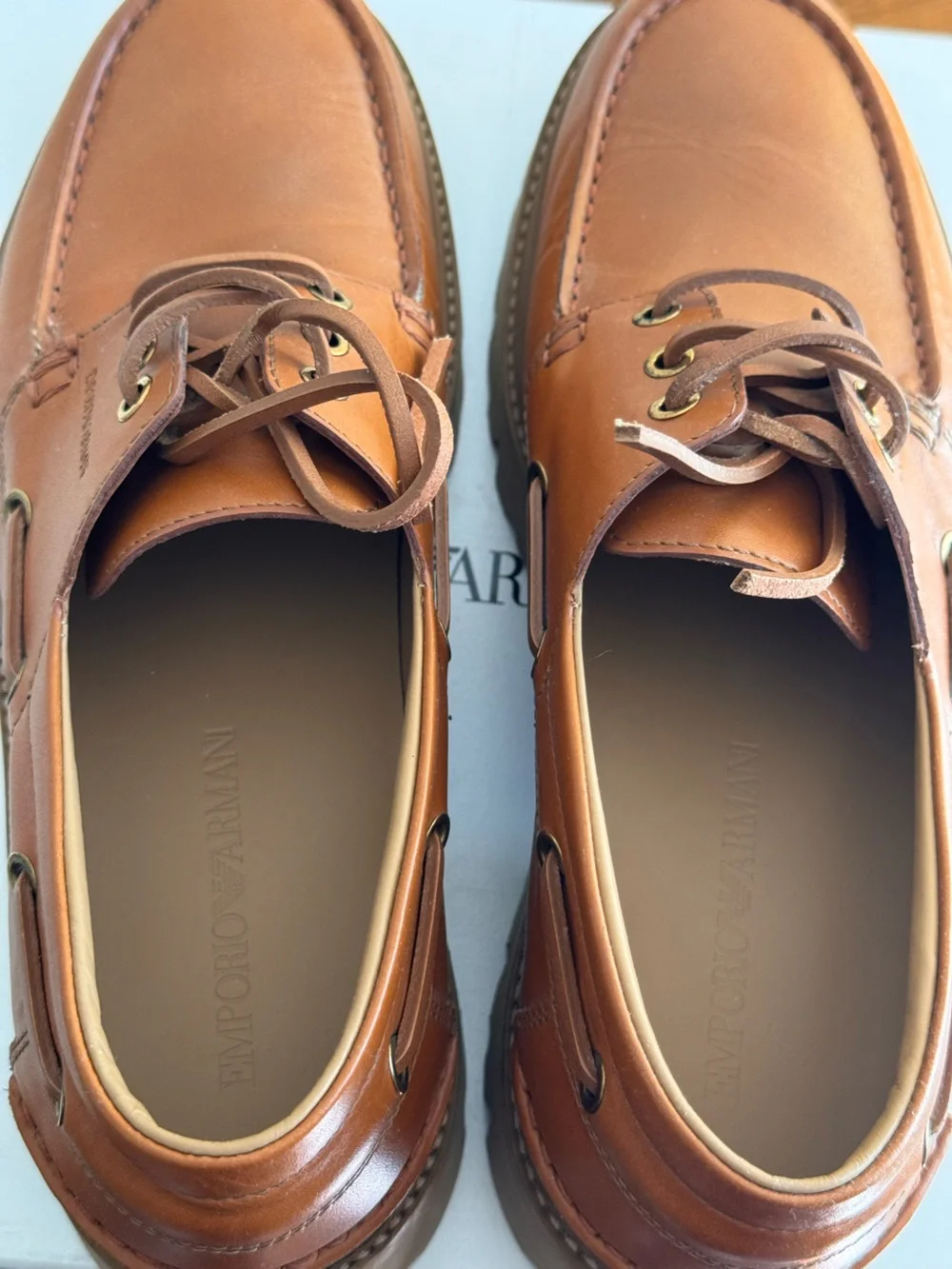 Emporio Armani Lug Sole Leather Boat Shoes Biscotto Tan Men's US 9 / UK 8 NIB